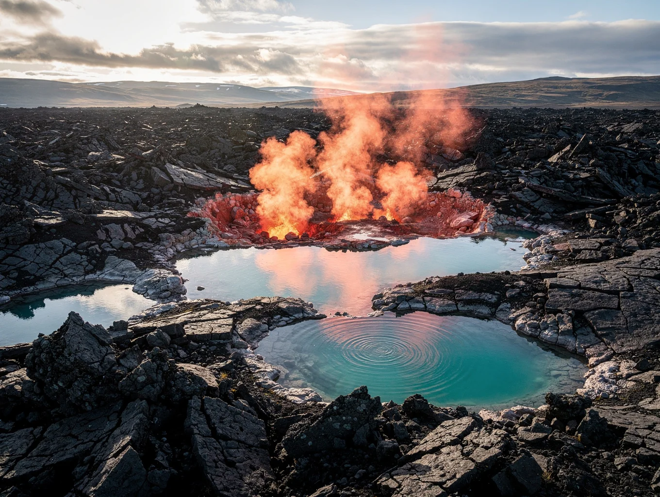 Cooling basalt patterns and geothermal smoke from an active volcanic fissure