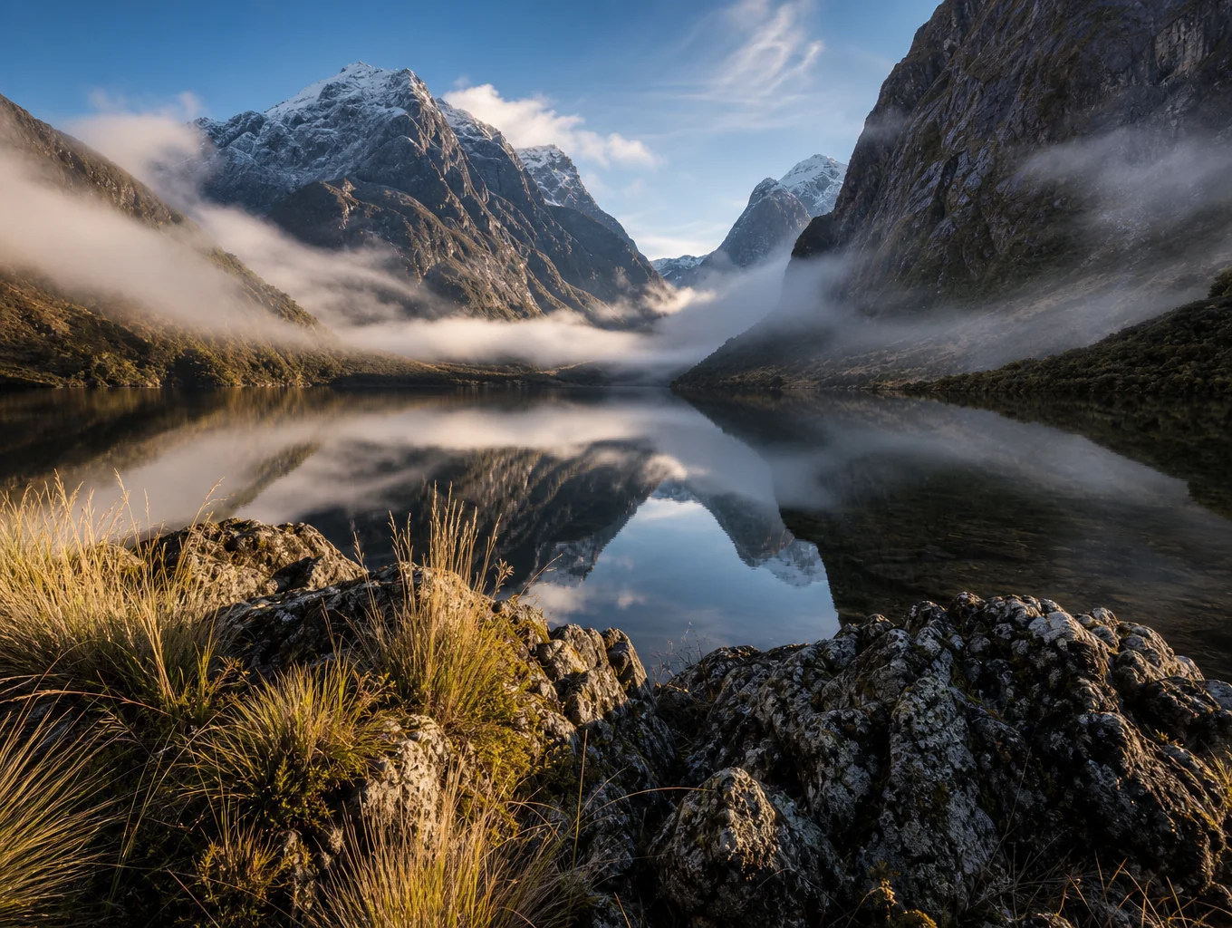 Mist-covered granite peaks rising above the deep waters of a New Zealand fiord