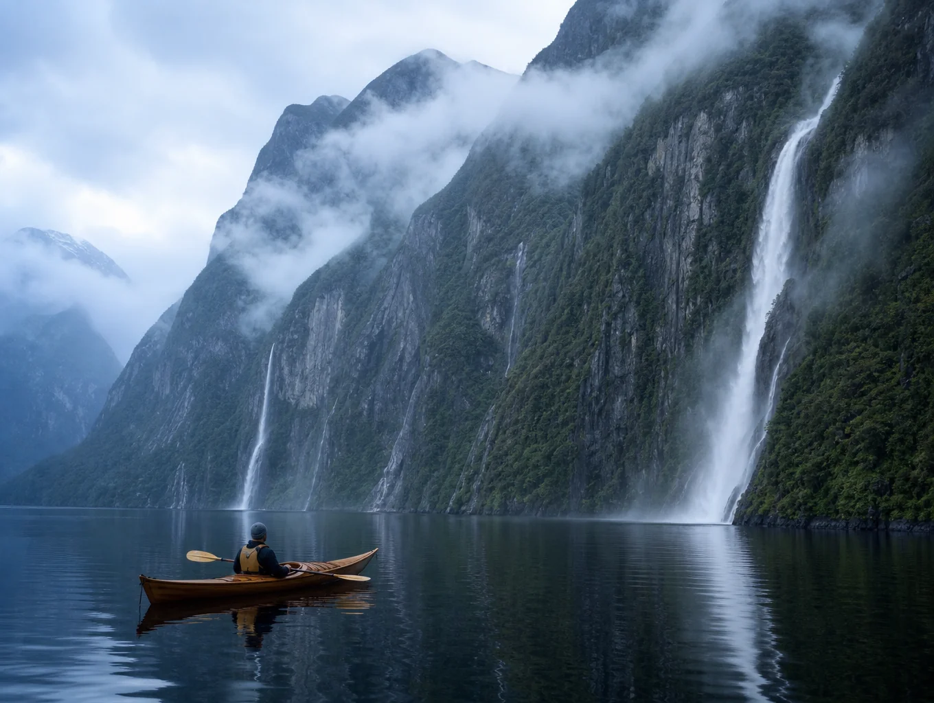 Mitre Peak reflected in still fjord waters during pink dawn mist