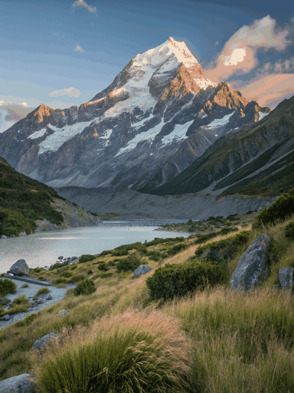 Snow-capped jagged peaks of Mount Cook emerging from dense cloud banks