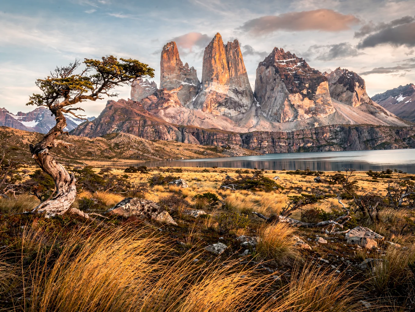 Jagged granite towers of Torres del Paine rising above the vast southern ice fields